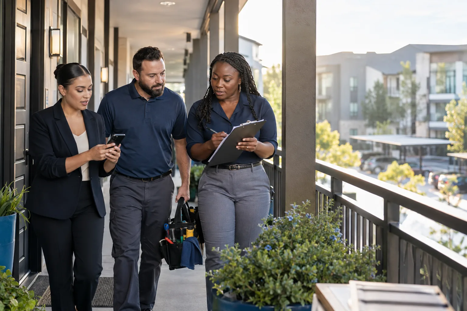 Illustrative photo of people outside a multifamily property. Not a client team.